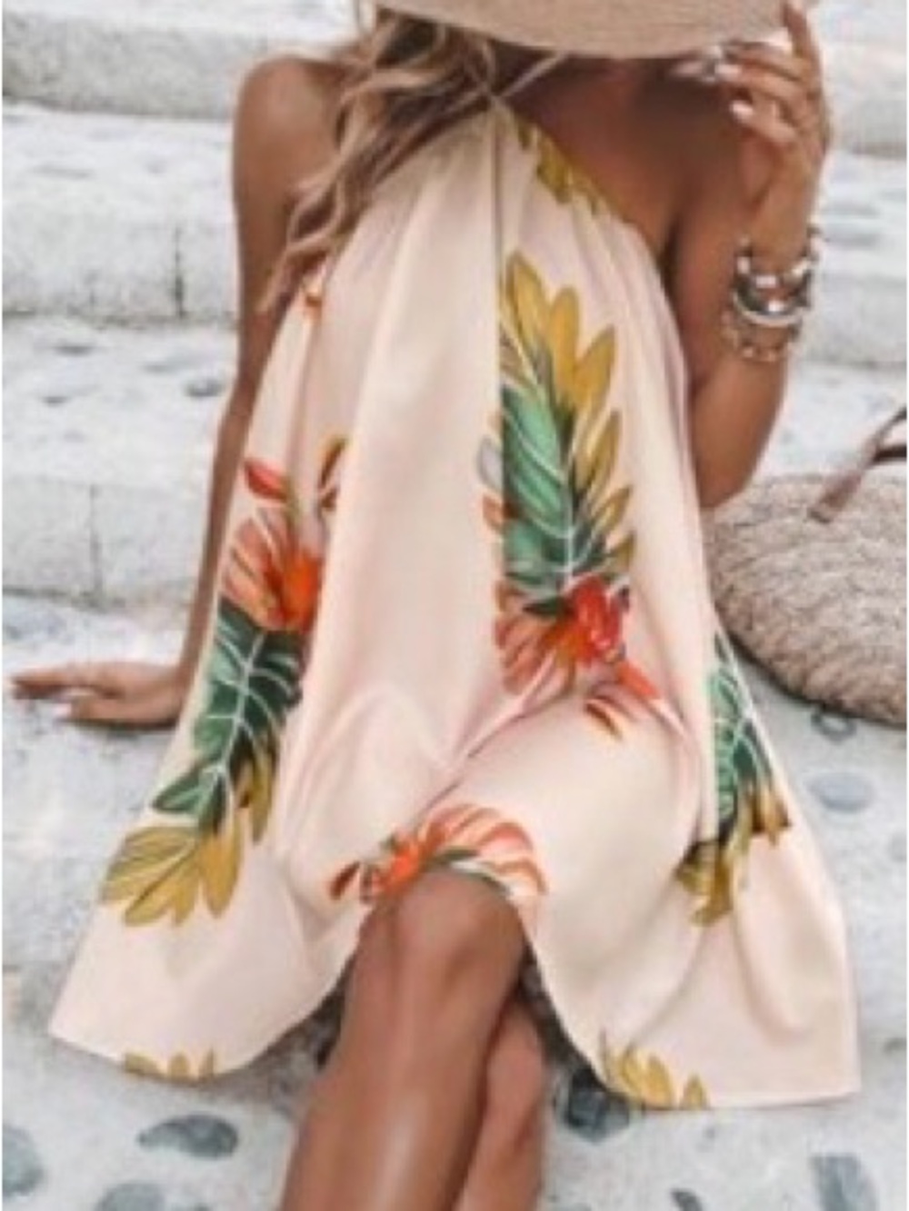 Cute for Fall Cream Tropical Halter Backless Dress with Colorful Leaves